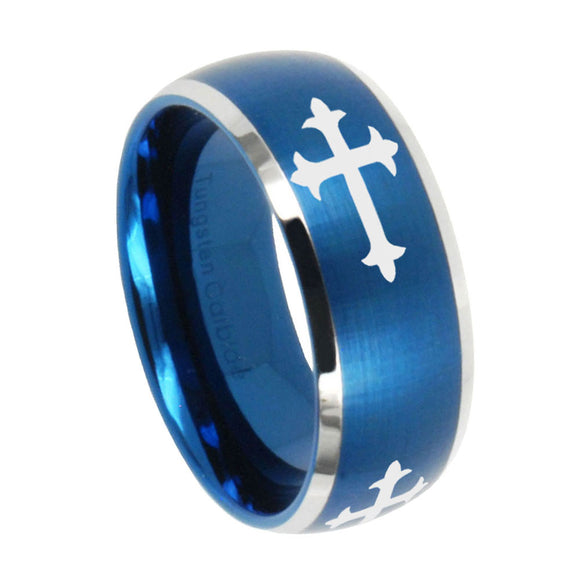 10mm Christian Cross Religious Dome Brushed Blue 2 Tone Tungsten Mens Wedding Band