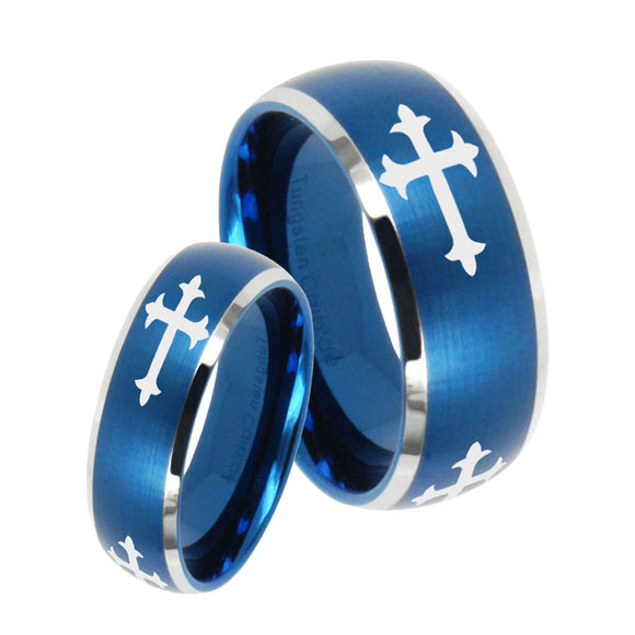 His Hers Christian Cross Religious Dome Brushed Blue 2 Tone Tungsten Men's Ring Set