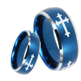 8mm Christian Cross Religious Dome Brushed Blue 2 Tone Tungsten Mens Promise Ring