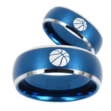 Bride and Groom Basketball Dome Brushed Blue 2 Tone Tungsten Promise Ring Set