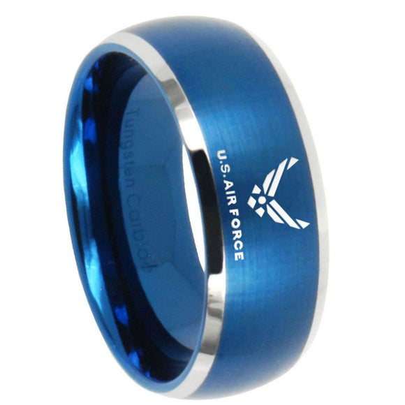 8MM Brush Blue Dome US Air Force Tungsten Carbide 2 Tone Laser Engraved Ring