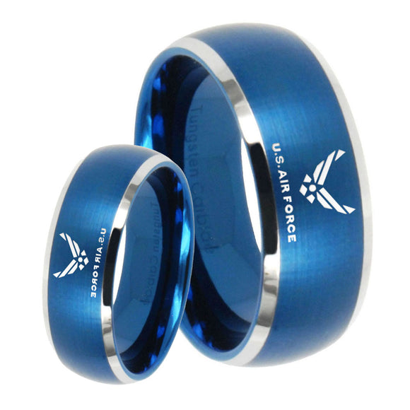 His Her Satin Blue Dome US Air Force Two Tone Tungsten Wedding Rings Set