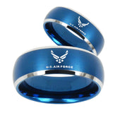 His Her Satin Blue Dome US Air Force Two Tone Tungsten Wedding Rings Set