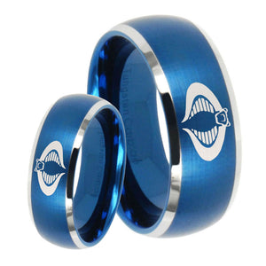 His Hers Cobra Dome Brushed Blue 2 Tone Tungsten Wedding Engraving Ring Set