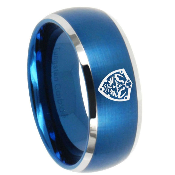 8mm Zelda Hylian Shield Dome Brushed Blue 2 Tone Tungsten Mens Engagement Ring