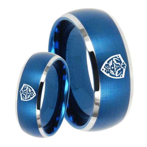 His Hers Zelda Hylian Shield Dome Brushed Blue 2 Tone Tungsten Bands Ring Set