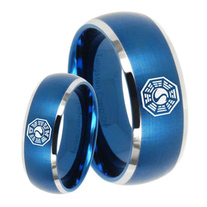 His Hers Lost Dharma Dome Brushed Blue 2 Tone Tungsten Custom Mens Ring Set