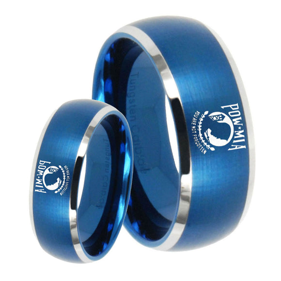 His Hers Military Pow Dome Brushed Blue 2 Tone Tungsten Custom Ring for Men Set