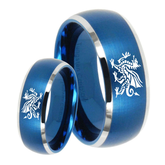 Bride and Groom Dragon Dome Brushed Blue 2 Tone Tungsten Engagement Ring Set