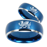 Bride and Groom Dragon Dome Brushed Blue 2 Tone Tungsten Engagement Ring Set