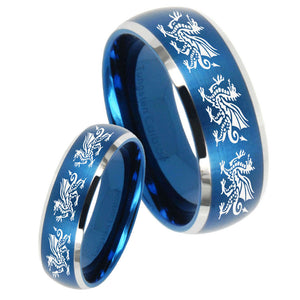His Hers Multiple Dragon Dome Brushed Blue 2 Tone Tungsten Mens Bands Ring Set
