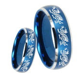 8mm Multiple Dragon Dome Brushed Blue 2 Tone Tungsten Carbide Engraved Ring