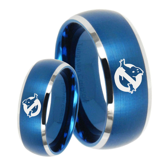 His Hers Ghostbusters Dome Brushed Blue 2 Tone Tungsten Engraved Ring Set