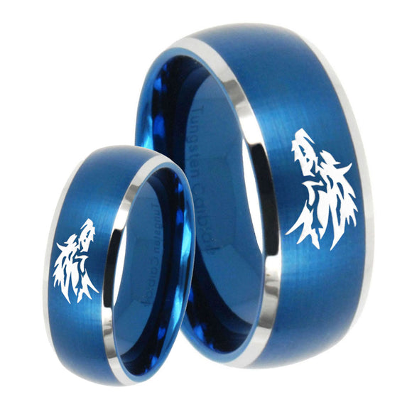 His Hers Wolf Dome Brushed Blue 2 Tone Tungsten Mens Anniversary Ring Set