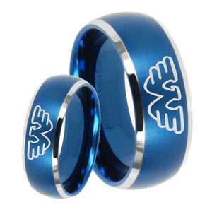 His Hers Waylon Jennings Dome Brushed Blue 2 Tone Tungsten Mens Bands Ring Set