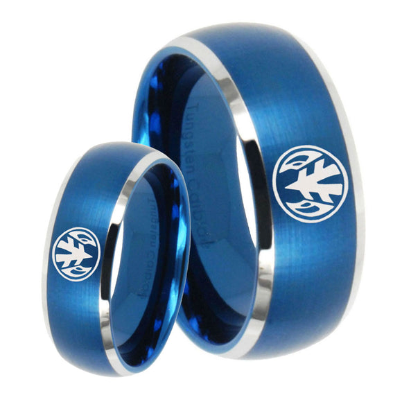 His Hers Love Power Rangers Dome Brushed Blue 2 Tone Tungsten Wedding Ring Set