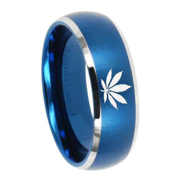 8mm Marijuana Leaf Dome Brushed Blue 2 Tone Tungsten Carbide Men's Wedding Ring