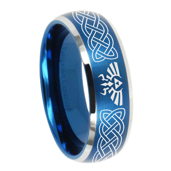 10mm Celtic Zelda Dome Brushed Blue 2 Tone Tungsten Mens Ring Personalized