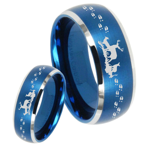 His Hers Deer Hunting Dome Brushed Blue 2 Tone Tungsten Men's Ring Set