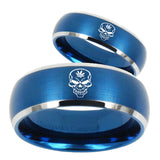 His Hers Skull Marijuana Leaf  Dome Brushed Blue 2 Tone Tungsten Rings Set