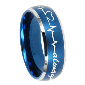 8mm Heart Beat forever Heart always Dome Brushed Blue 2 Tone Tungsten Men's Ring