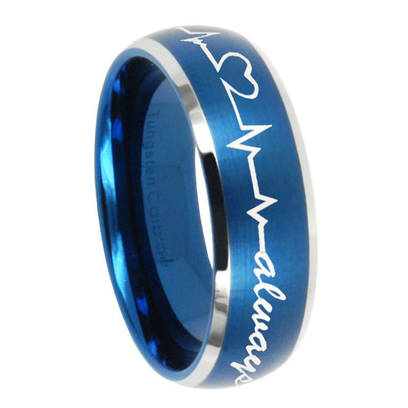8mm Heart Beat forever Heart always Dome Brushed Blue 2 Tone Tungsten Men's Ring
