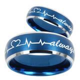 His Hers Heart Beat forever Heart always Dome Brushed Blue 2 Tone Tungsten Mens Ring Set