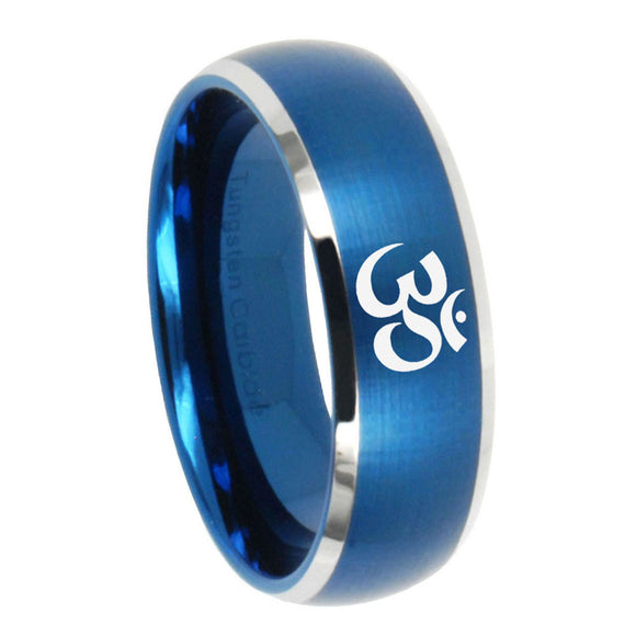 10mm Om Aum Yoga  Dome Brushed Blue 2 Tone Tungsten Carbide Mens Bands Ring