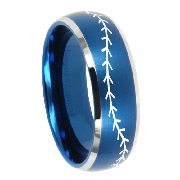 10mm Baseball Stitch Dome Brushed Blue 2 Tone Tungsten Mens Wedding Band