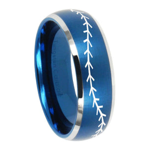 8mm Baseball Stitch Dome Brushed Blue 2 Tone Tungsten Carbide Wedding Band Ring
