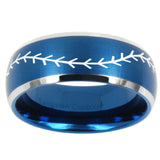 10mm Baseball Stitch Dome Brushed Blue 2 Tone Tungsten Mens Wedding Band