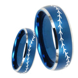 8mm Baseball Stitch Dome Brushed Blue 2 Tone Tungsten Carbide Wedding Band Ring
