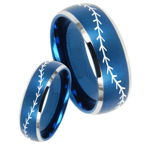 His Hers Baseball Stitch Dome Brushed Blue 2 Tone Tungsten Engraving Ring Set