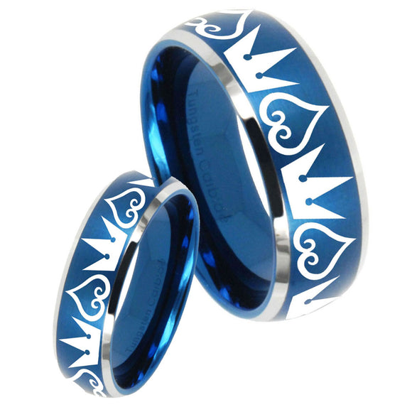 His Hers Hearts and Crowns Dome Brushed Blue 2 Tone Tungsten Men Ring Set