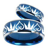 His Hers Hearts and Crowns Dome Brushed Blue 2 Tone Tungsten Men Ring Set