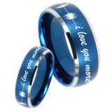 His Hers Sound Wave, I love you more Dome Brushed Blue 2 Tone Tungsten Men Rings Set
