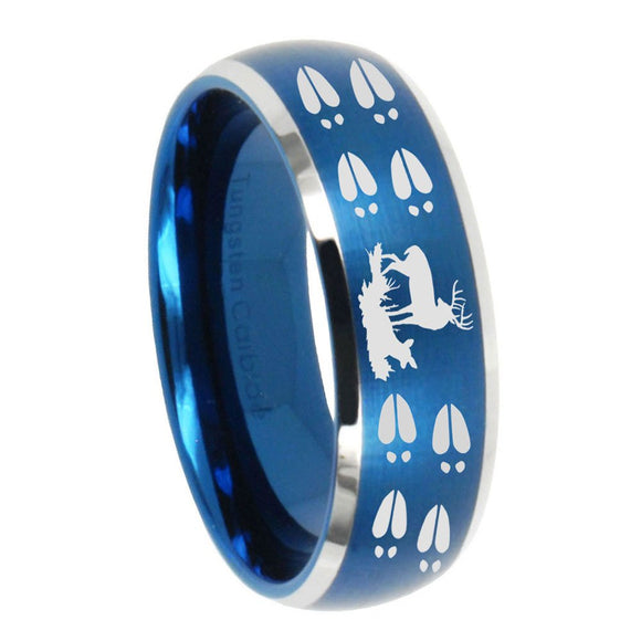 8mm Deer Hunting Tracks Dome Brushed Blue 2 Tone Tungsten Carbide Engraved Ring