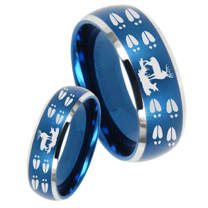 His Hers Deer Hunting Tracks Dome Brushed Blue 2 Tone Tungsten Mens Ring Set