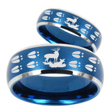 His Hers Deer Hunting Tracks Dome Brushed Blue 2 Tone Tungsten Mens Ring Set