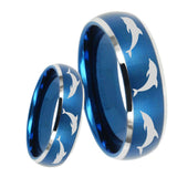 8mm Dolphins Dome Brushed Blue 2 Tone Tungsten Carbide Mens Anniversary Ring