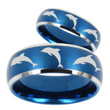 His and Hers Dolphins Dome Brushed Blue 2 Tone Tungsten Mens Wedding Band Set