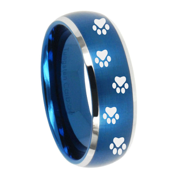 10mm Paw Print Dome Brushed Blue 2 Tone Tungsten Carbide Wedding Band Mens