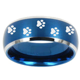 10mm Paw Print Dome Brushed Blue 2 Tone Tungsten Carbide Wedding Band Mens