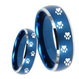 8mm Paw Print Dome Brushed Blue 2 Tone Tungsten Carbide Men's Band Ring
