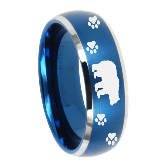 8mm Bear and Paw Dome Brushed Blue 2 Tone Tungsten Carbide Mens Bands Ring