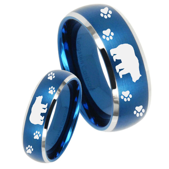 His Hers Bear and Paw Dome Brushed Blue 2 Tone Tungsten Mens Wedding Ring Set