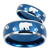His Hers Bear and Paw Dome Brushed Blue 2 Tone Tungsten Mens Wedding Ring Set