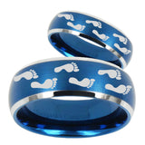 His Hers Foot Print Dome Brushed Blue 2 Tone Tungsten Men's Wedding Ring Set