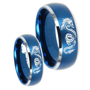 His and Hers Dragon Dome Brushed Blue 2 Tone Tungsten Wedding Band Mens Set