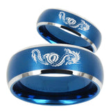 His and Hers Dragon Dome Brushed Blue 2 Tone Tungsten Wedding Band Mens Set